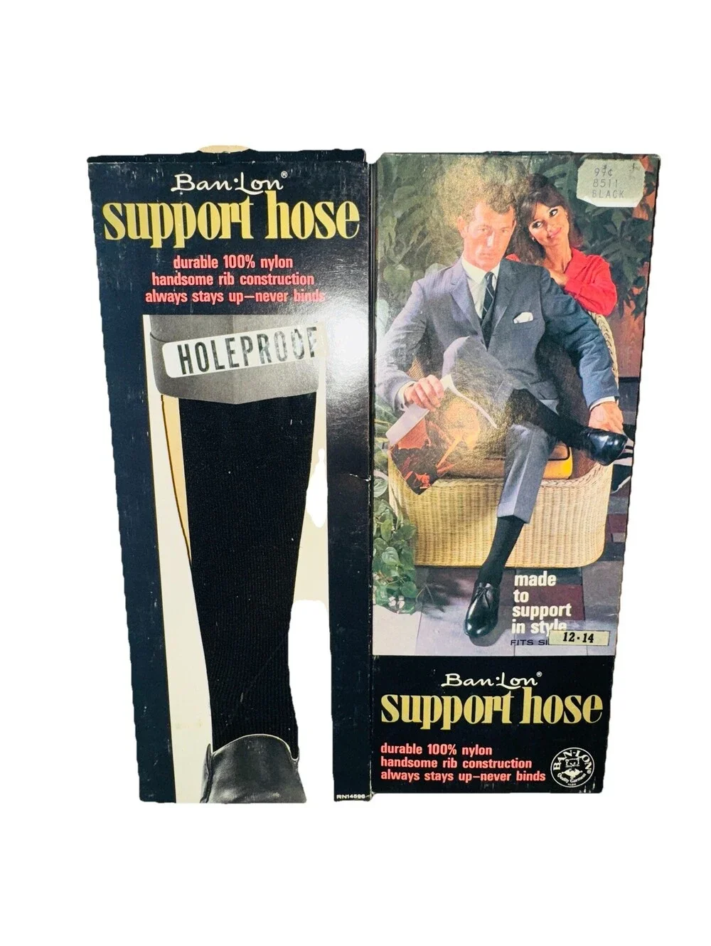 Men’s Support Hose Dress Socks 2 pair vintage Black Size 12 13 14 Hole proof